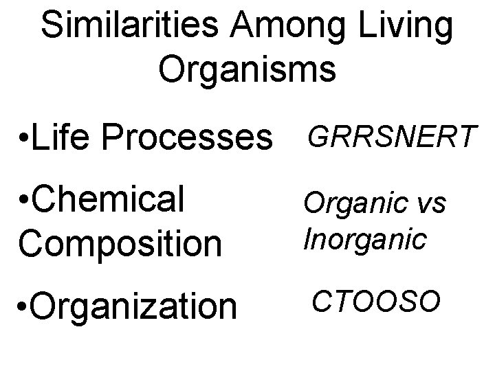Similarities Among Living Organisms • Life Processes GRRSNERT • Chemical Composition Organic vs Inorganic
