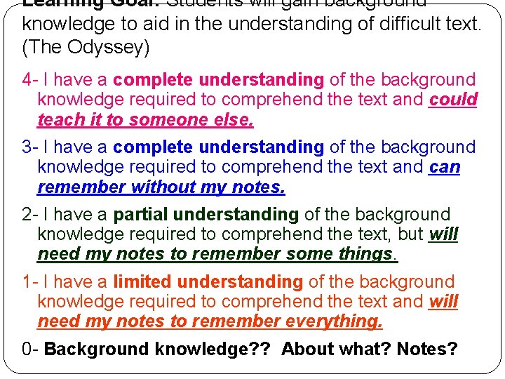 Learning Goal: Students will gain background knowledge to aid in the understanding of difficult Learning Goal: Students will gain background knowledge to aid in the understanding of difficult