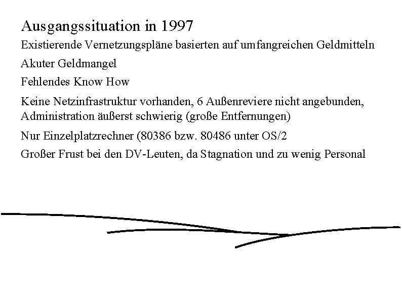 Ausgangssituation in 1997 Existierende Vernetzungspläne basierten auf umfangreichen Geldmitteln Akuter Geldmangel Fehlendes Know How