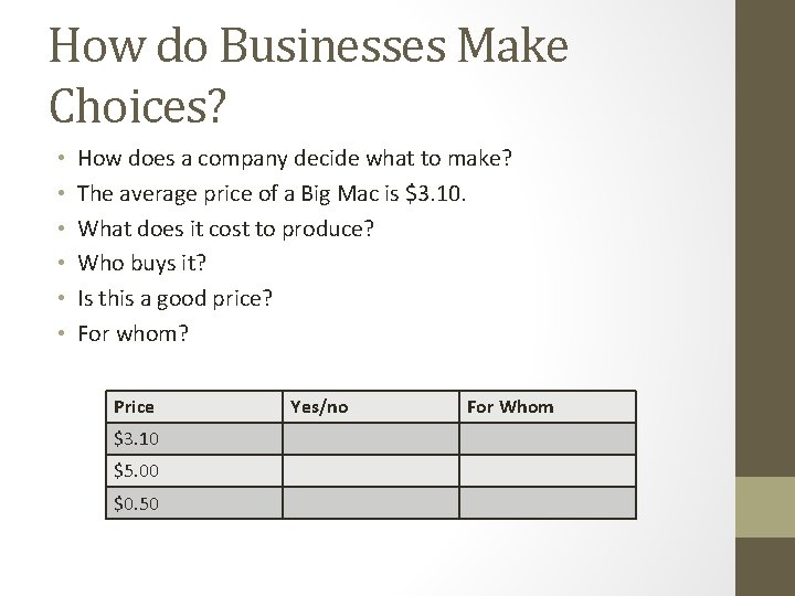How do Businesses Make Choices? • • • How does a company decide what
