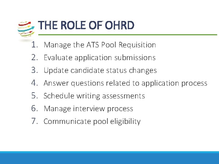 THE ROLE OF OHRD 1. 2. 3. 4. 5. 6. 7. Manage the ATS