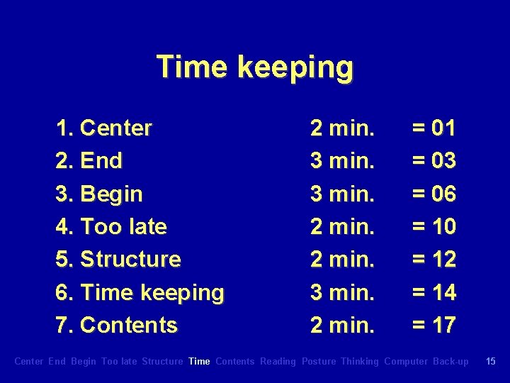 Time keeping 1. Center 2. End 3. Begin 4. Too late 5. Structure 6.