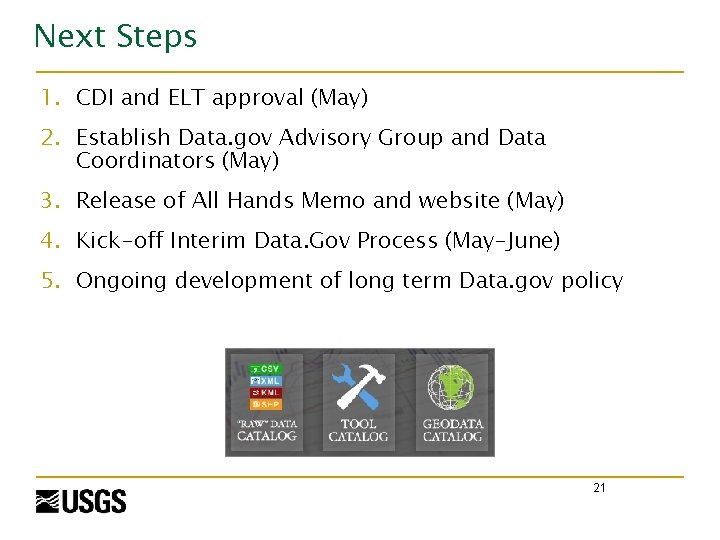 Next Steps 1. CDI and ELT approval (May) 2. Establish Data. gov Advisory Group