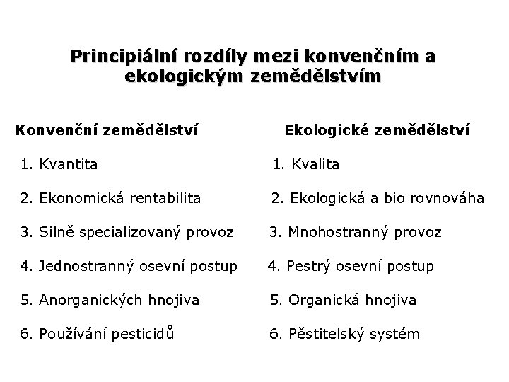 Principiální rozdíly mezi konvenčním a ekologickým zemědělstvím Konvenční zemědělství Ekologické zemědělství 1. Kvantita 1.