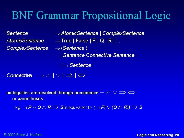 BNF Grammar Propositional Logic Sentence Atomic. Sentence Complex. Sentence Atomic. Sentence | Complex. Sentence