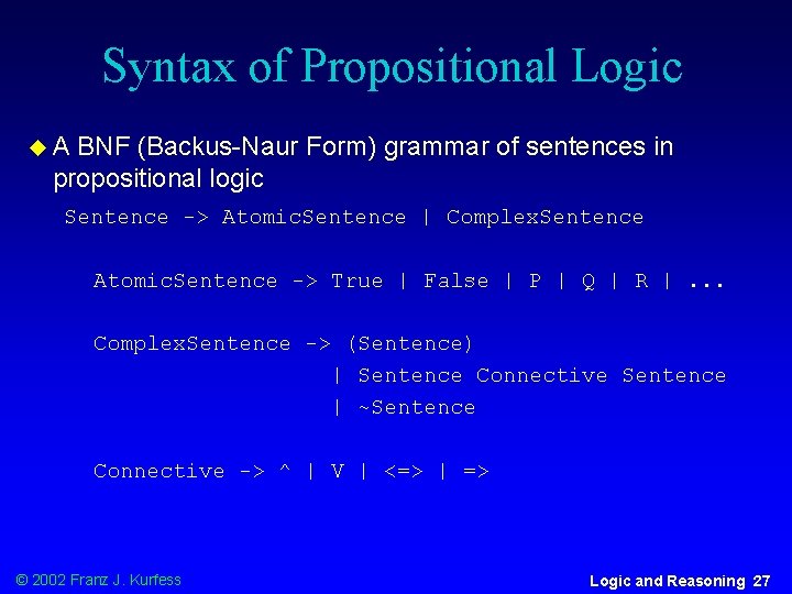 Syntax of Propositional Logic u. A BNF (Backus-Naur Form) grammar of sentences in propositional