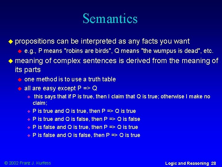 Semantics u propositions u can be interpreted as any facts you want e. g.