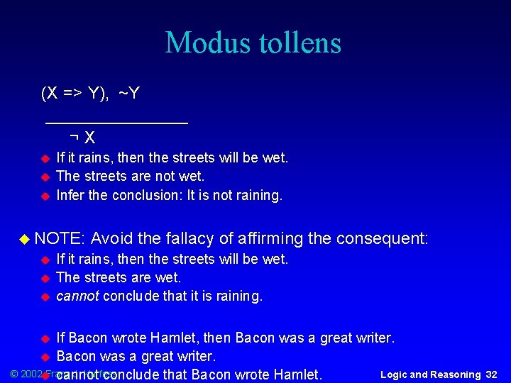 Modus tollens (X => Y), ~Y ________ ¬X u u u If it rains,