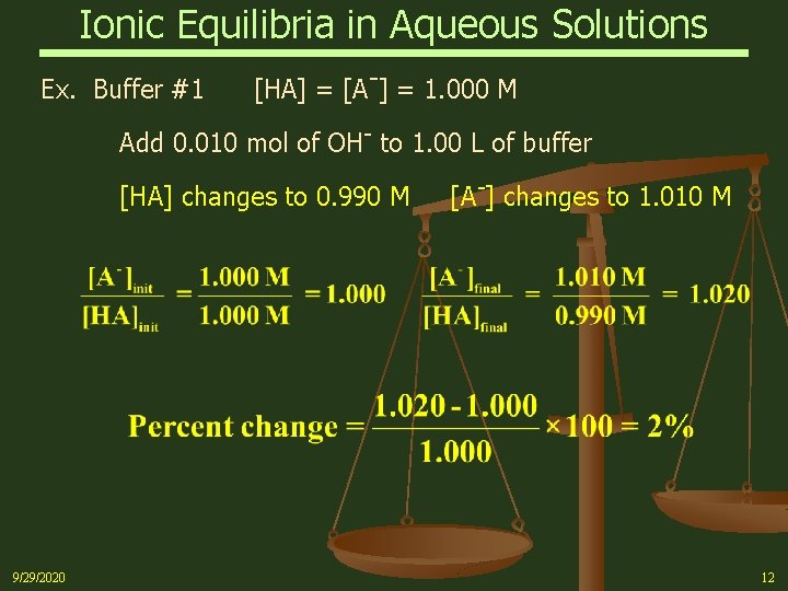 Ionic Equilibria in Aqueous Solutions Ex. Buffer #1 [HA] = [A-] = 1. 000