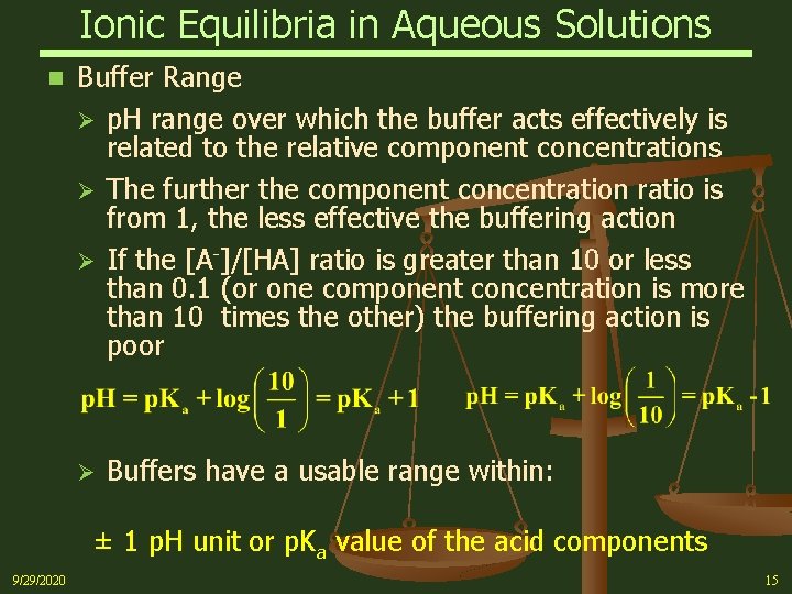 Ionic Equilibria in Aqueous Solutions n Buffer Range Ø p. H range over which