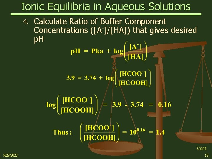 Ionic Equilibria in Aqueous Solutions 4. Calculate Ratio of Buffer Component Concentrations ([A-]/[HA]) that