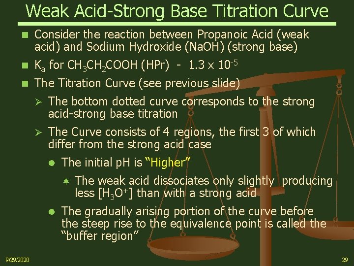 Weak Acid-Strong Base Titration Curve n Consider the reaction between Propanoic Acid (weak acid)