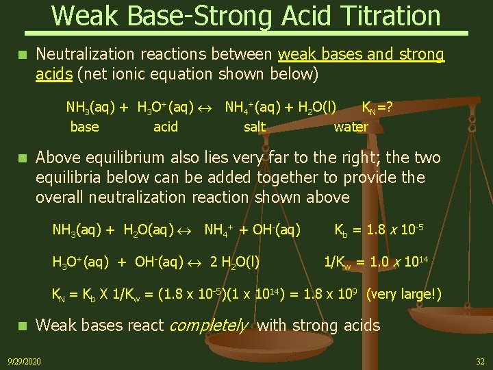 Weak Base-Strong Acid Titration n Neutralization reactions between weak bases and strong acids (net