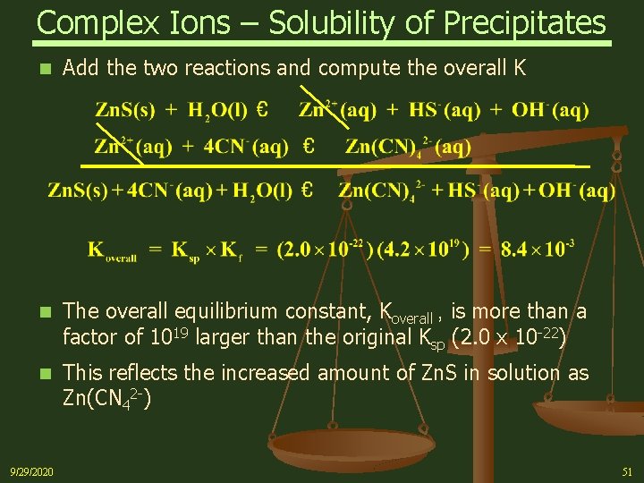 Complex Ions – Solubility of Precipitates n Add the two reactions and compute the