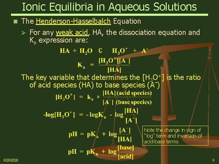 Ionic Equilibria in Aqueous Solutions n The Henderson-Hasselbalch Equation Ø For any weak acid,