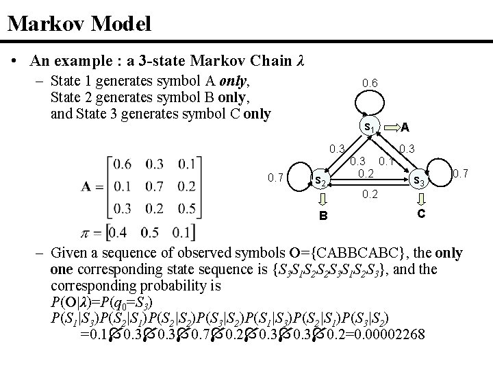 Markov Model • An example : a 3 -state Markov Chain λ – State
