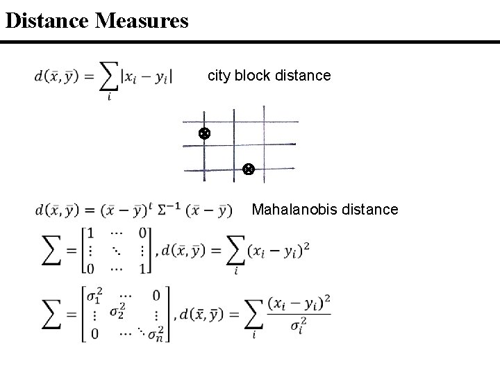 Distance Measures city block distance Mahalanobis distance 