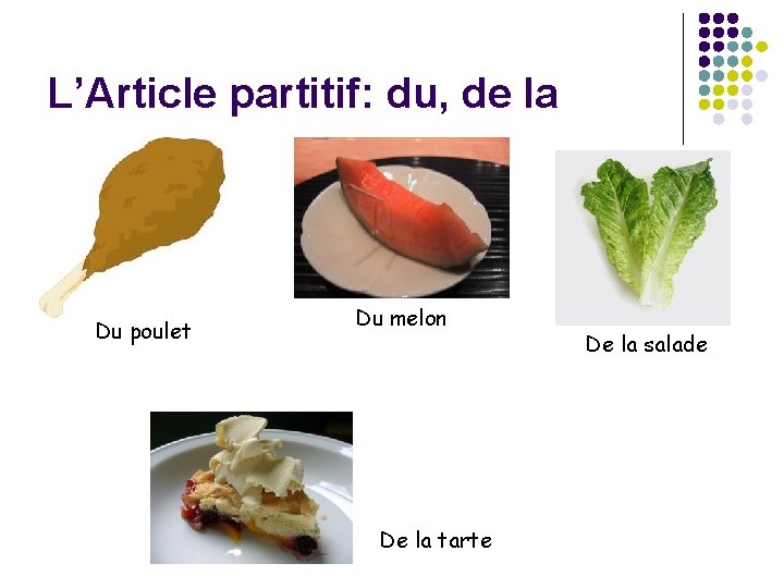 L’Article partitif: du, de la Du poulet Du melon De la tarte De la