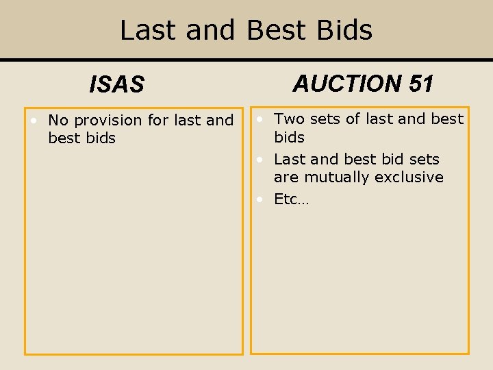 Last and Best Bids ISAS • No provision for last and best bids AUCTION