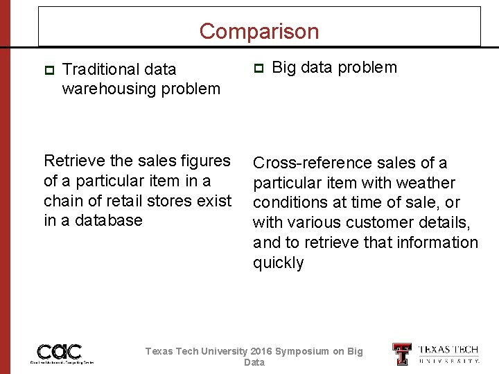 Comparison p Traditional data warehousing problem Retrieve the sales figures of a particular item