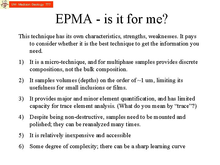 UW- Madison Geology 777 EPMA - is it for me? This technique has its