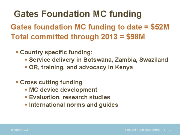 Gates Foundation MC funding Gates foundation MC funding to date = $52 M Total