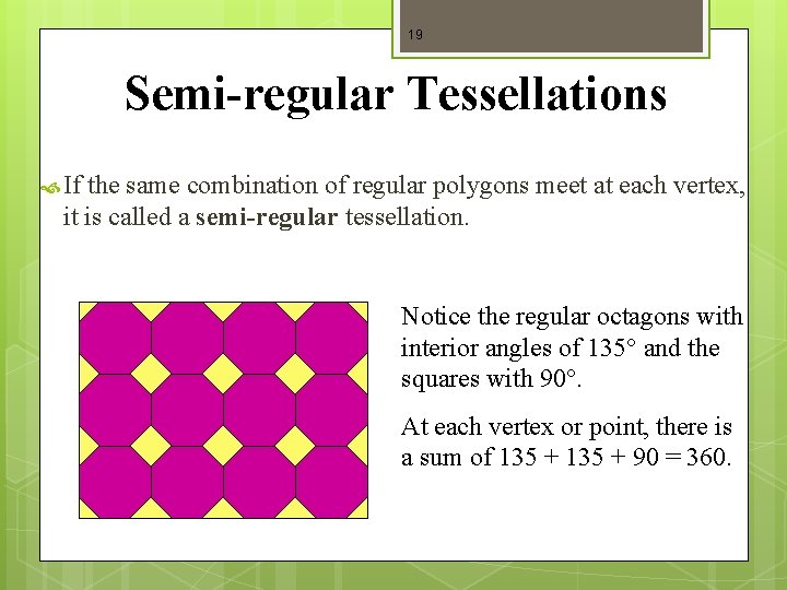 19 Semi-regular Tessellations If the same combination of regular polygons meet at each vertex,