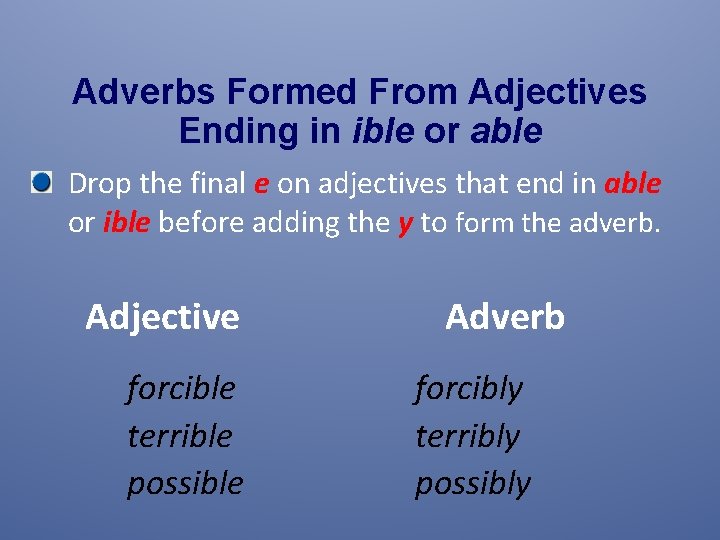 Adverbs Formed From Adjectives Ending in ible or able Drop the final e on
