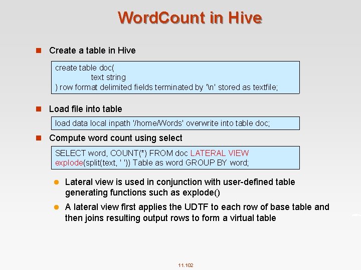 Word. Count in Hive n Create a table in Hive create table doc( text