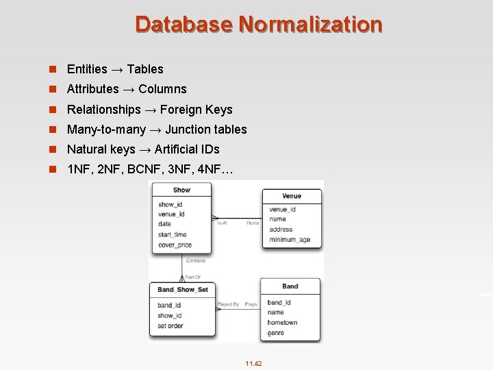 Database Normalization n Entities → Tables n Attributes → Columns n Relationships → Foreign
