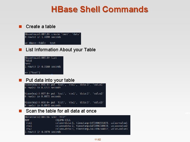HBase Shell Commands n Create a table n List Information About your Table n