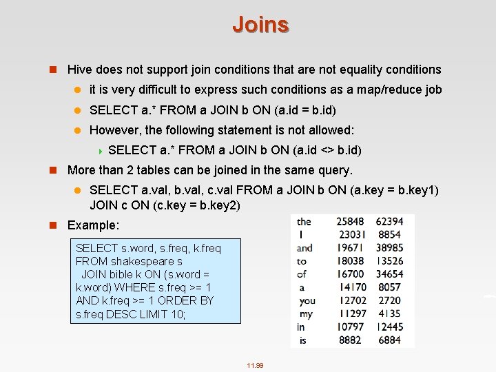 Joins n Hive does not support join conditions that are not equality conditions l