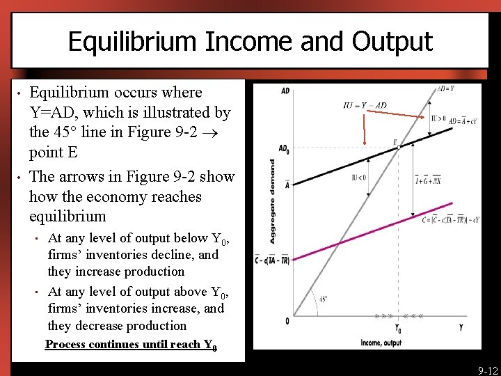 Equilibrium Income and Output • • Equilibrium occurs where Y=AD, which is illustrated by