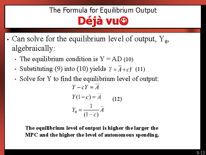 The Formula for Equilibrium Output Déjà vu • Can solve for the equilibrium level