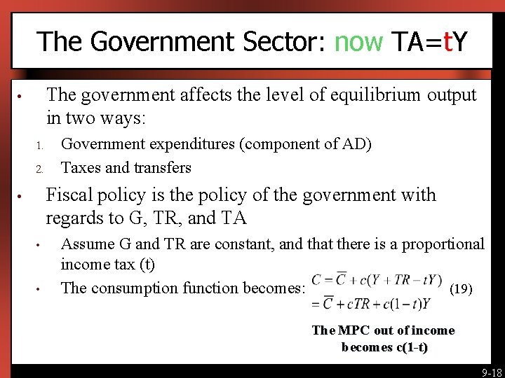 The Government Sector: now TA=t. Y The government affects the level of equilibrium output