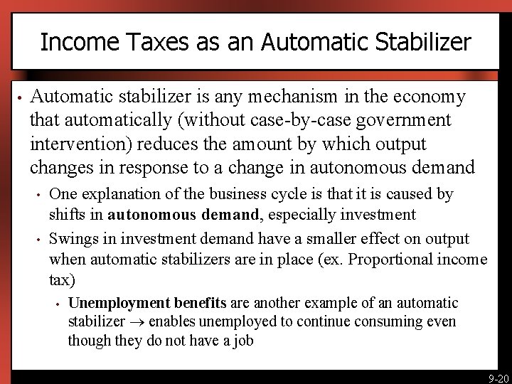 Income Taxes as an Automatic Stabilizer • Automatic stabilizer is any mechanism in the