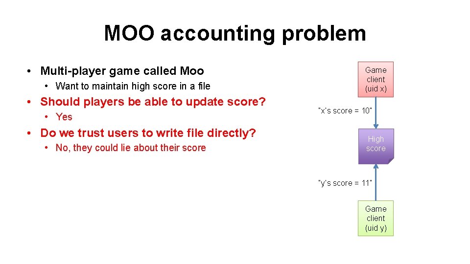 MOO accounting problem • Multi-player game called Moo • Want to maintain high score