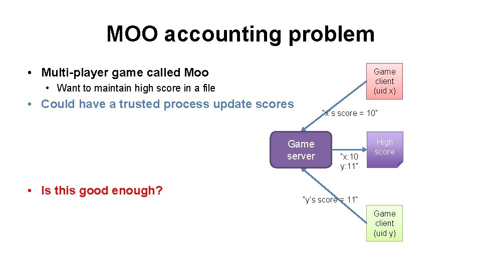 MOO accounting problem • Multi-player game called Moo Game client (uid x) • Want