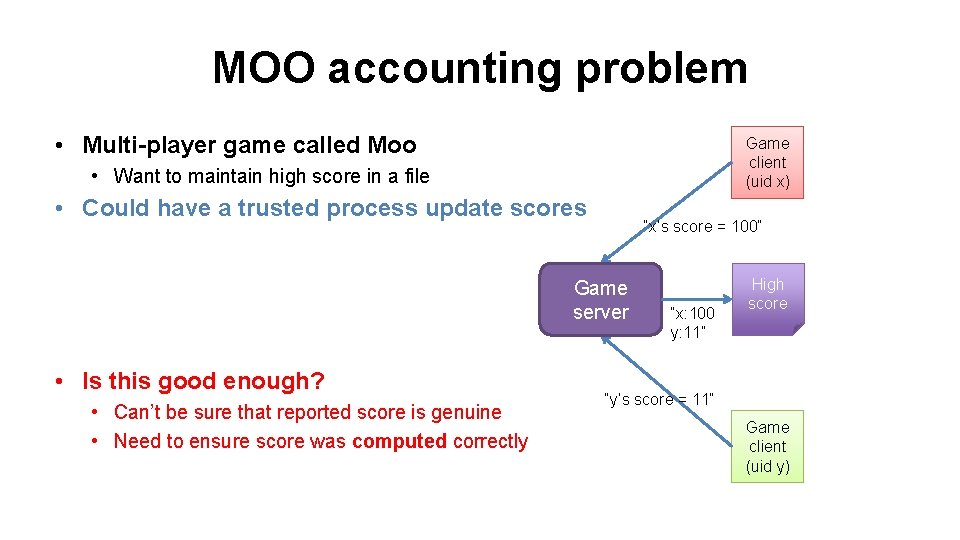 MOO accounting problem • Multi-player game called Moo Game client (uid x) • Want