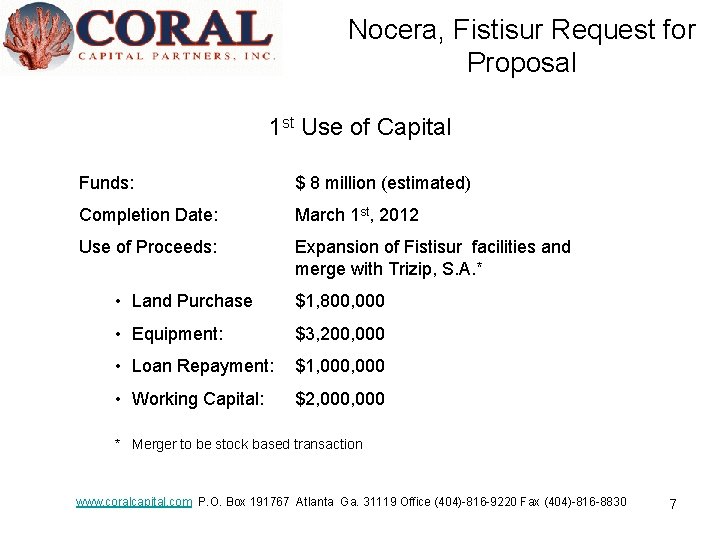 Nocera, Fistisur Request for Proposal 1 st Use of Capital Funds: $ 8 million