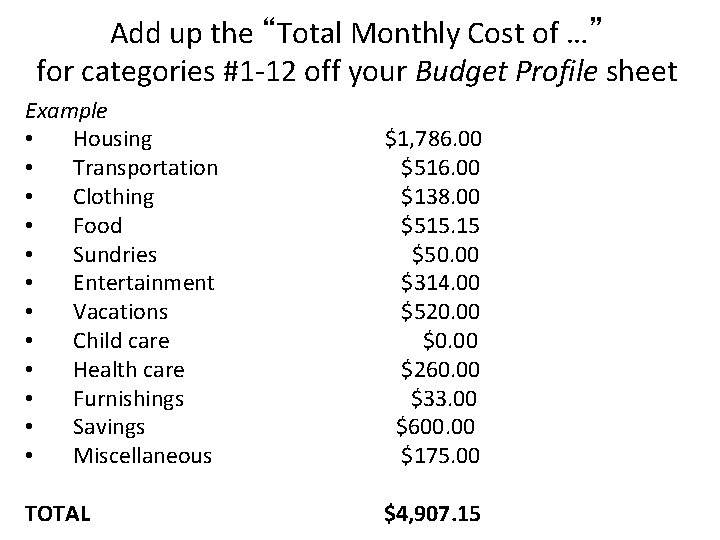 Add up the “Total Monthly Cost of …” for categories #1 -12 off your