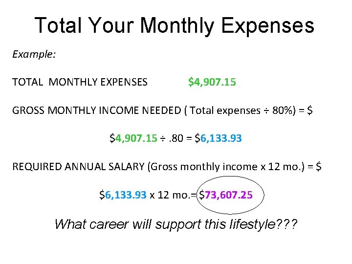 Total Your Monthly Expenses Example: TOTAL MONTHLY EXPENSES $4, 907. 15 GROSS MONTHLY INCOME