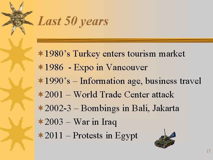 Last 50 years ¬ 1980’s Turkey enters tourism market ¬ 1986 - Expo in