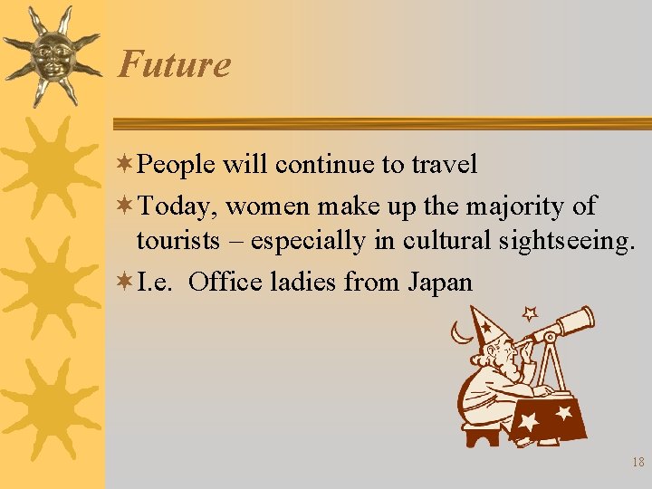 Future ¬People will continue to travel ¬Today, women make up the majority of tourists