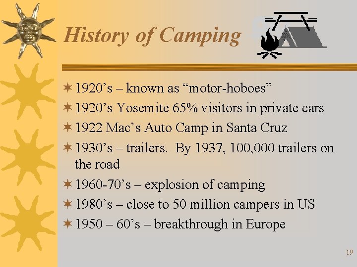 History of Camping ¬ 1920’s – known as “motor-hoboes” ¬ 1920’s Yosemite 65% visitors