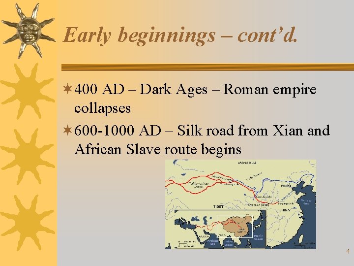 Early beginnings – cont’d. ¬ 400 AD – Dark Ages – Roman empire collapses