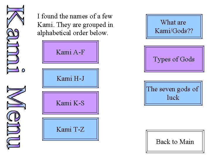 I found the names of a few Kami. They are grouped in alphabetical order