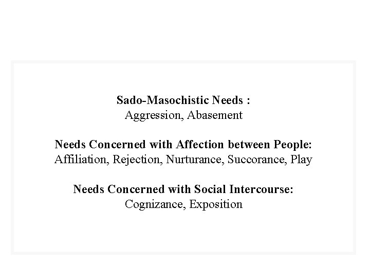 Sado-Masochistic Needs : Aggression, Abasement Needs Concerned with Affection between People: Affiliation, Rejection, Nurturance,