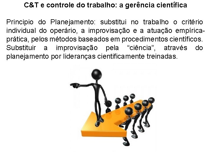 C&T e controle do trabalho: a gerência científica Principio do Planejamento: substitui no trabalho