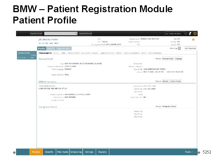 BMW – Patient Registration Module Patient Profile 5252 
